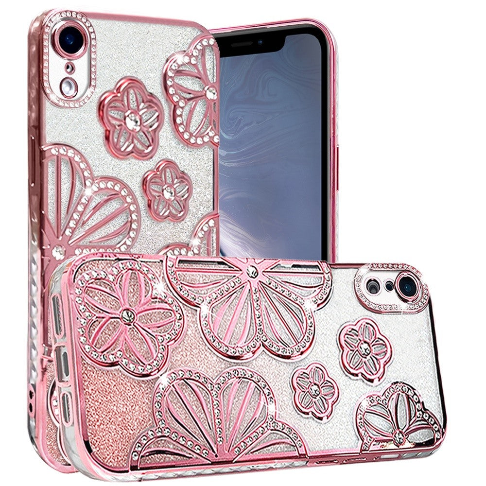 For Apple iPhone XR Luxury Floral Design Sparkle Glitter Diamond Crystal Rhinestone Shimmer Bling Plating Thick TPU Hard PC Case Cover