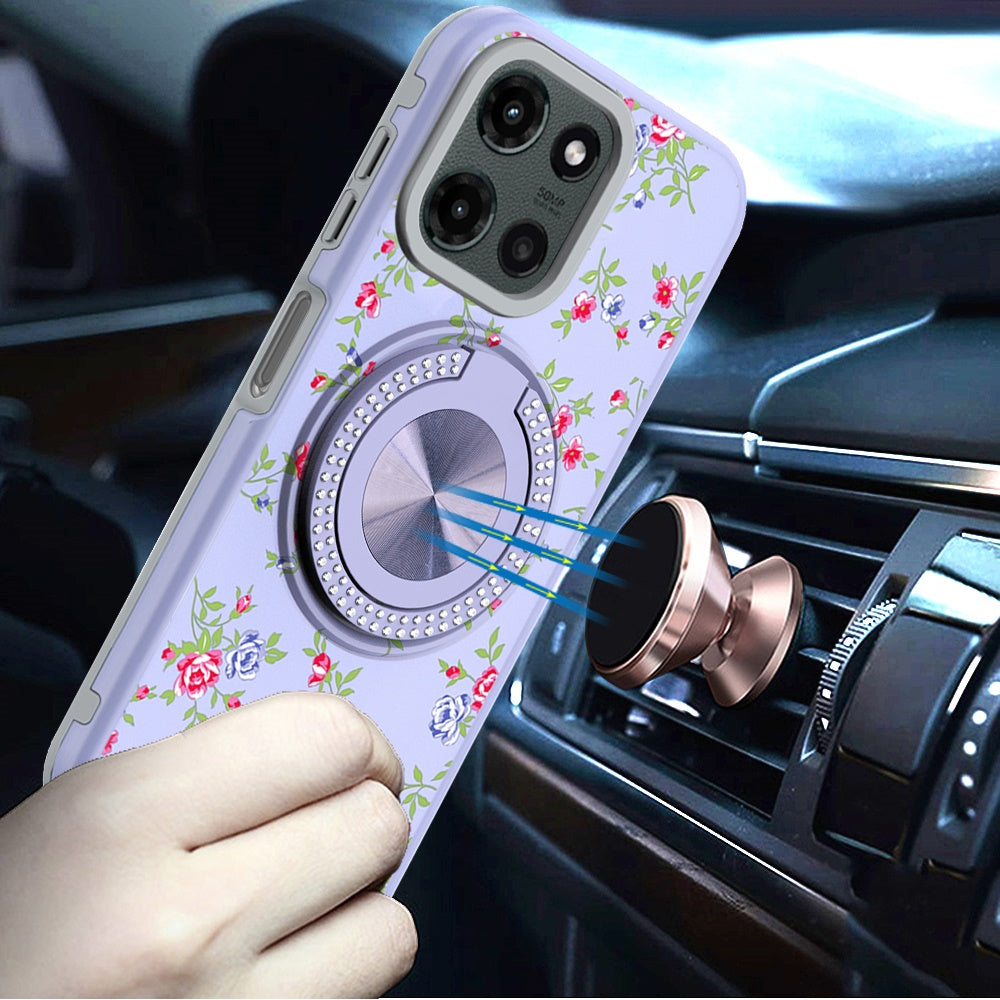 For Motorola Edge 2025 Pattern Design Hybrid with Invisible Ring Stand & Magnetic Back, Shockproof Protective Grip Case Cover