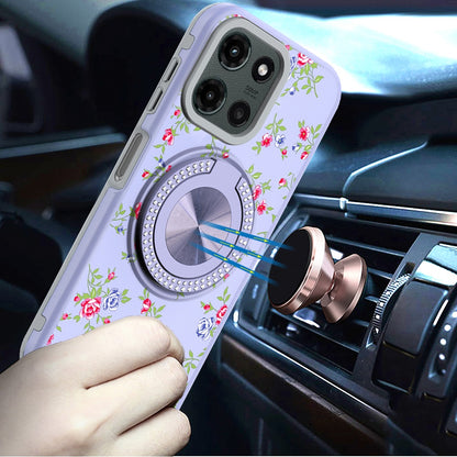 For Motorola Edge 2025 Pattern Design Hybrid with Invisible Ring Stand & Magnetic Back, Shockproof Protective Grip Case Cover