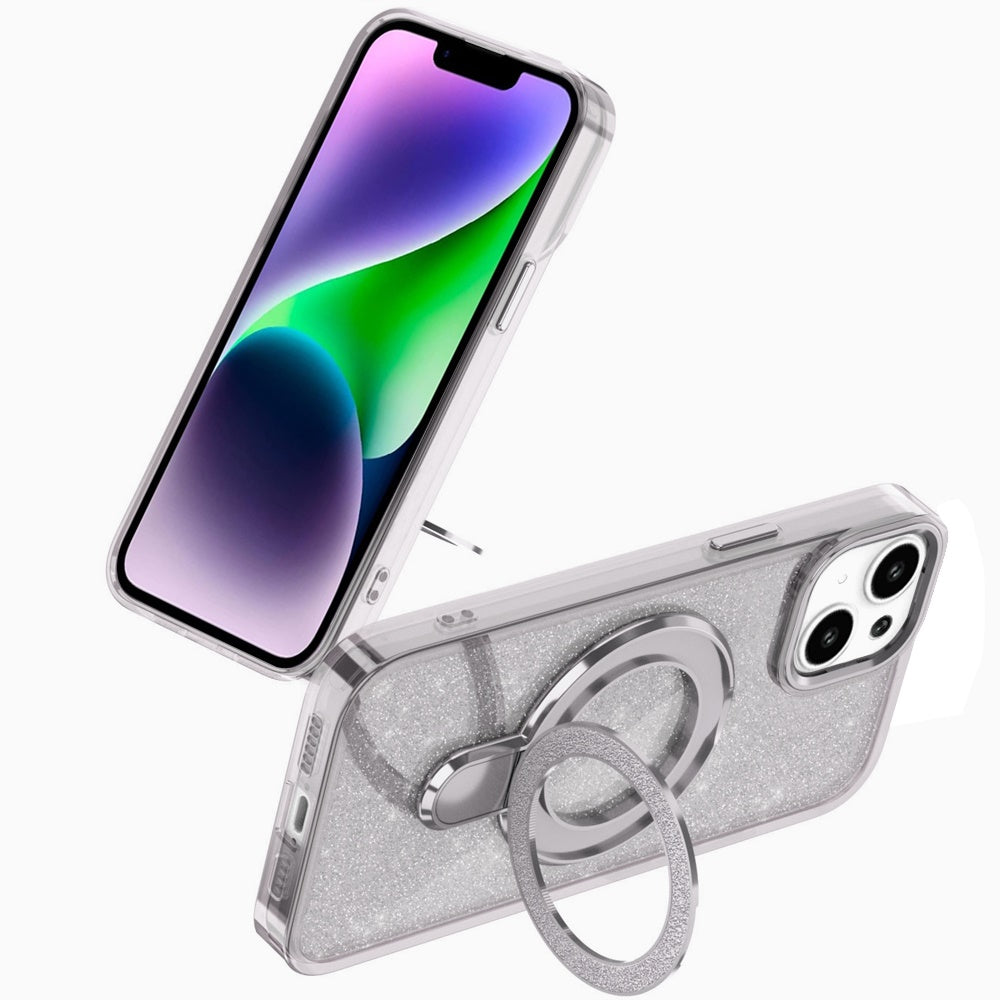 For Apple iPhone 15 Transparent Glitter Bling Case with Rotating Magnetic Ring Stand, Shockproof Hybrid Case Cover