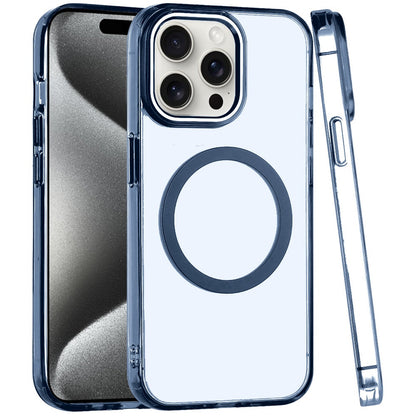 For Apple iPhone 14 Pro Max Transparent Back Hybrid Case - Magnetic Circle, Color Frame, Metal Buttons, MagSafe Compatible Case Cover