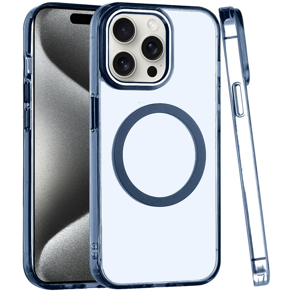 For Apple iPhone 15 Pro Max Transparent Back Hybrid Case - Magnetic Circle, Color Frame, Metal Buttons, MagSafe Compatible Case Cover