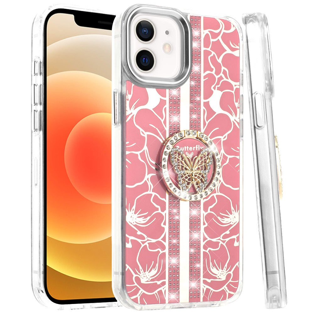 For Apple iPhone 15 Diamonds 3D Butterfly Floral Design Bling Sparkly Glitter Hybrid Metal Fashion with Ring Stand Case Cover