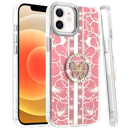 For Apple iPhone 15 Diamonds 3D Butterfly Floral Design Bling Sparkly Glitter Hybrid Metal Fashion with Ring Stand Case Cover