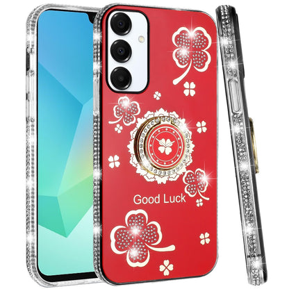 For Samsung Galaxy S25 Fan Edition /Galaxy S25 FE Diamonds Bling All Around Edges Sparkly Glitter Hybrid with Ring Stand Holder Fashion Good Luck Case Cover Red