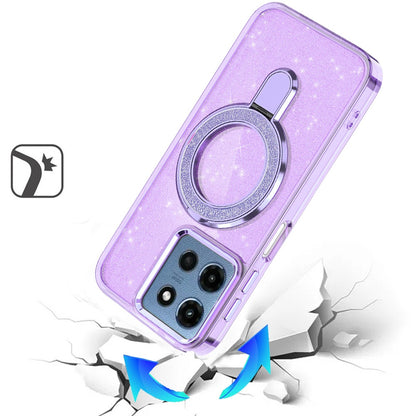 For Motorola Moto G Stylus 5G 2025 Transparent Glitter Bling Case with Rotating Magnetic Ring Stand, Shockproof Hybrid Case Cover