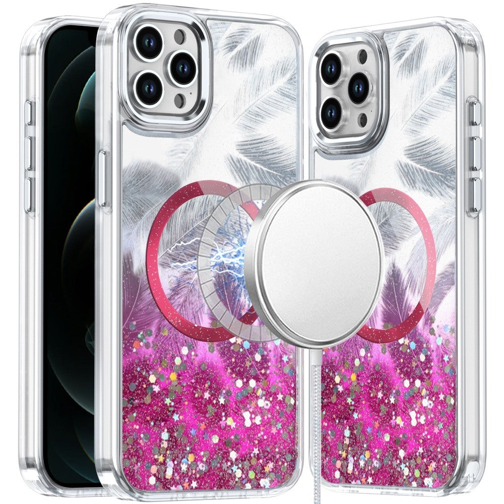 For Apple iPhone 15 Pro Max Epoxy Glitter Shimmer Fashion Case with Magnetic Magsafe Compatible Hybrid Sparkling Slim Protective Case Cover Hot Pink
