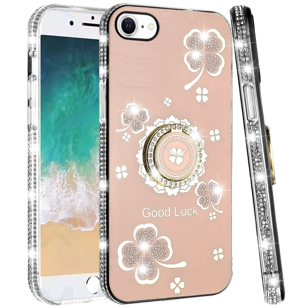 For Apple iPhone 16e Diamonds Bling All Around Edges Sparkly Glitter Hybrid with Ring Stand Holder Fashion Good Luck Case Cover