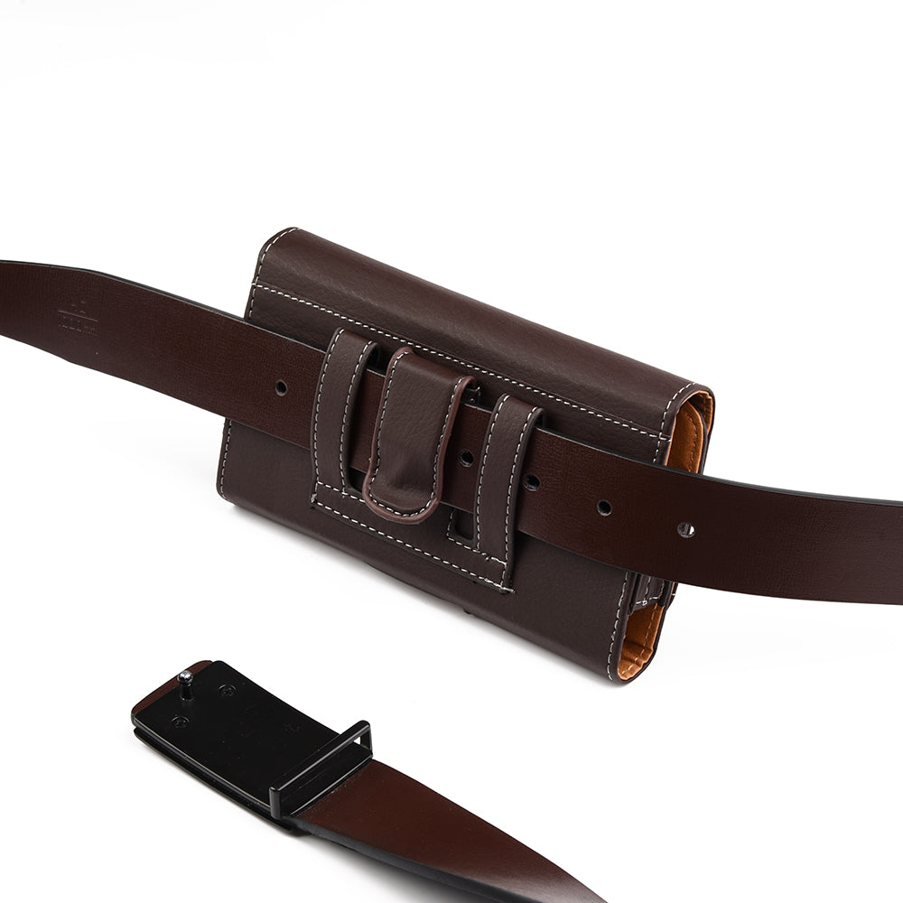 For Apple iPhone 16 Pro (6.3") Horizontal Universal Carry Pouch Cell Phone Case PU Leather Holster Belt Clip Loop Card Slot & Magnetic Closure [Brown]