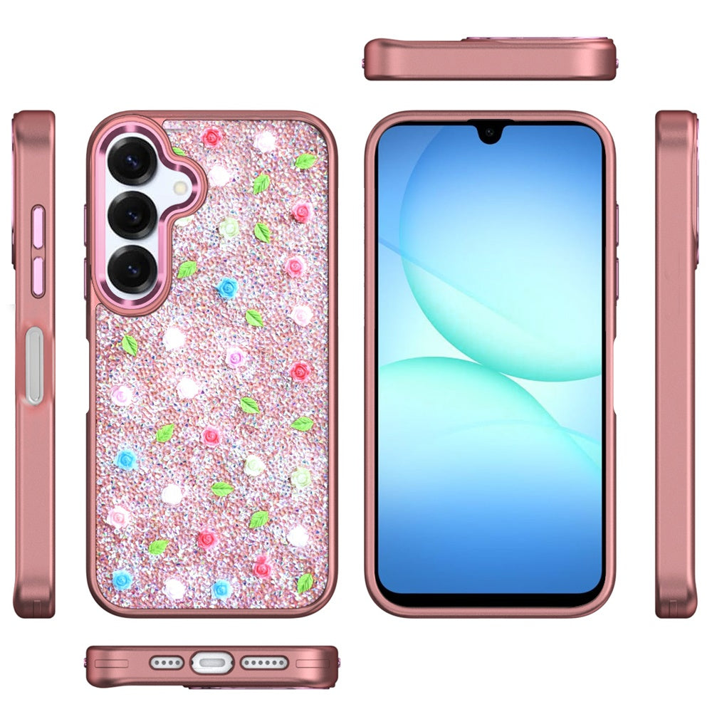 For Samsung Galaxy S25 Fan Edition /Galaxy S25 FE Floral Design Embedded Glass Diamond Fancy Fashion Glitter Bling Sparkly Hybrid Rugged TPU Bumper Case Cover