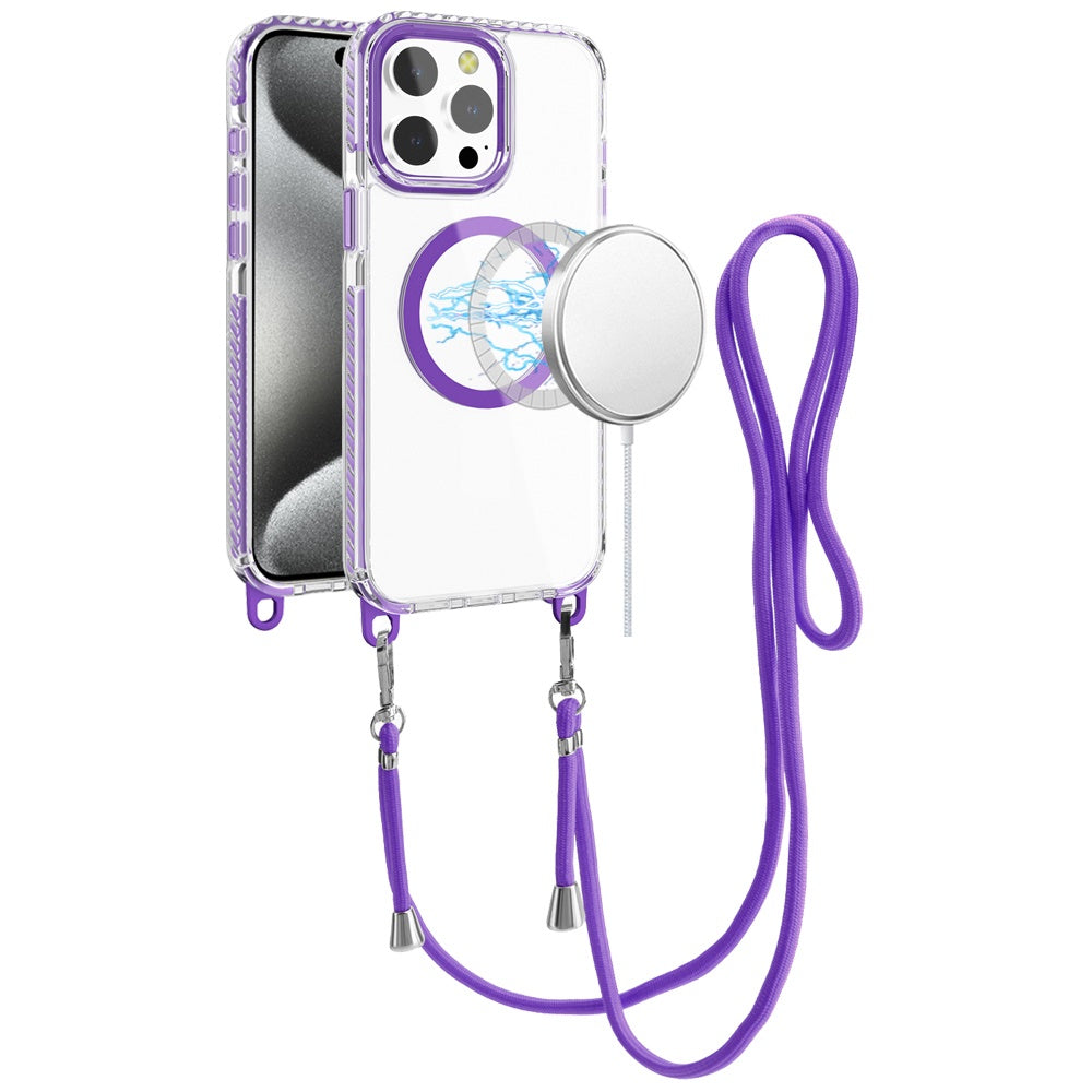 For Apple iPhone 16 Pro (6.3") Clear Magnetic Frame PC Back Shockproof Protective Case with Detachable Lanyard Strap, Compatible with MagSafe Case Cover