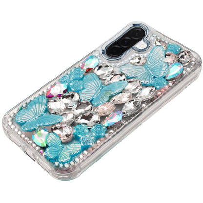 For Samsung Galaxy S25 Fan Edition /Galaxy S25 FE 3D Diamond Floral Butterfly Bling Stone Hybrid, Sparkly Rhinestone Gemstone Back Shockproof Case Cover