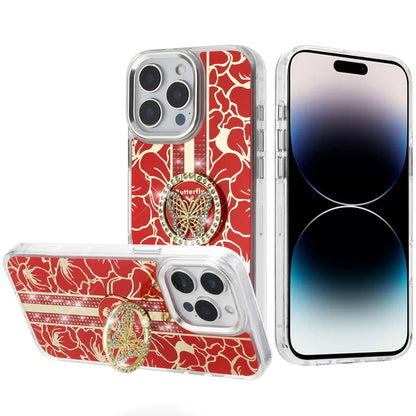 For Samsung Galaxy A16 5G Diamonds 3D Butterfly Floral Design Bling Sparkly Glitter Hybrid Metal Fashion with Ring Stand Case Cover