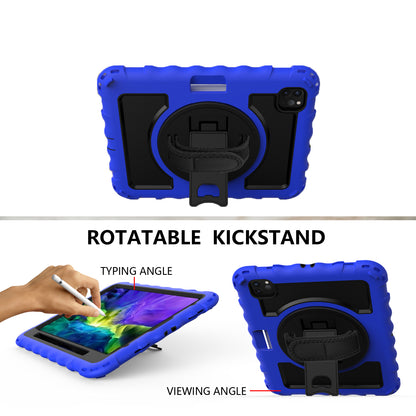 For Hybrid 3in1 Armor Rugged with Built-in Kickstand 360° Rotatable Stand & Shoulder Hand Strap Corner Shockproof Blue Tablet Case Cover