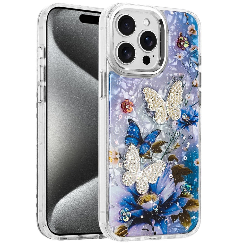 For Apple iPhone 15 Pro Max Epoxy Glitter Flowers Bling 3D Butterfly Fashion TPU Hybrid with Shockproof Protection Case Cover