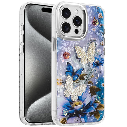 For Apple iPhone 15 Pro Max Epoxy Glitter Flowers Bling 3D Butterfly Fashion TPU Hybrid with Shockproof Protection Case Cover