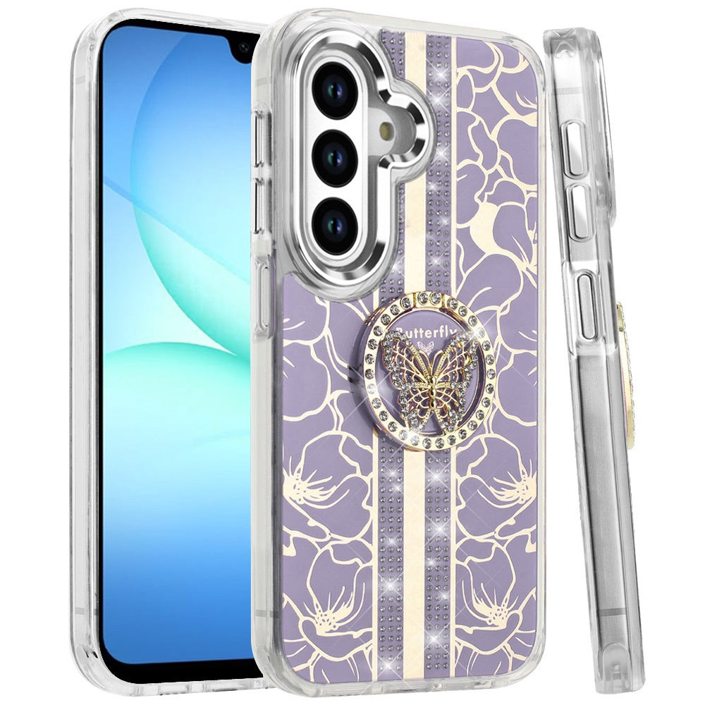 For Samsung Galaxy A17 5G Diamonds 3D Butterfly Floral Design Bling Sparkly Glitter Hybrid Metal Fashion with Ring Stand Case Cover