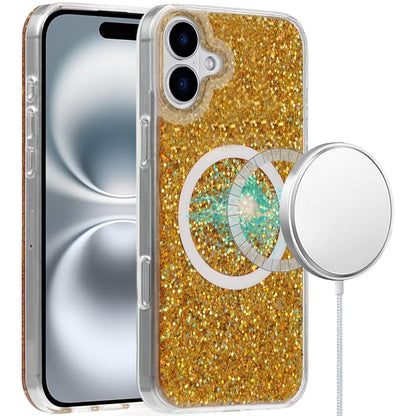 For Apple iPhone 16 (6.1") Premium Transparent Epoxy Glitter Bling Magnetic Circle Compatible with MagSafe Hybrid Sparkle Slim TPU Case Cover