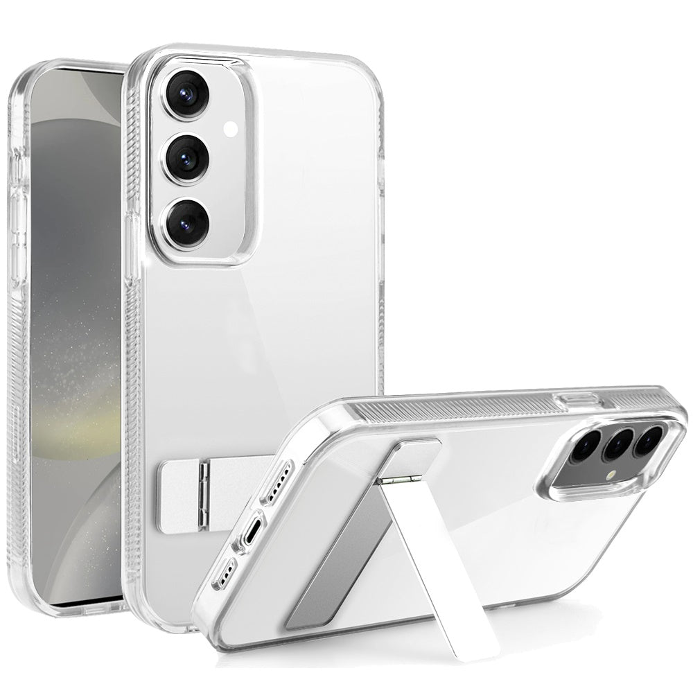 For Samsung Galaxy S25+ /S25 Plus /S24+ Plus Transparent with Sturdy Metal Kickstand Hybrid Dual Layer Tough Shock-Absorbent Slim Fit Hard PC + TPU Case Cover Clear