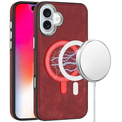 For Apple iPhone 16 (6.1") PU Vegan Leather Chrome Edged Hybrid Hard PC TPU Rubber Compatible with MagSafe Case Cover