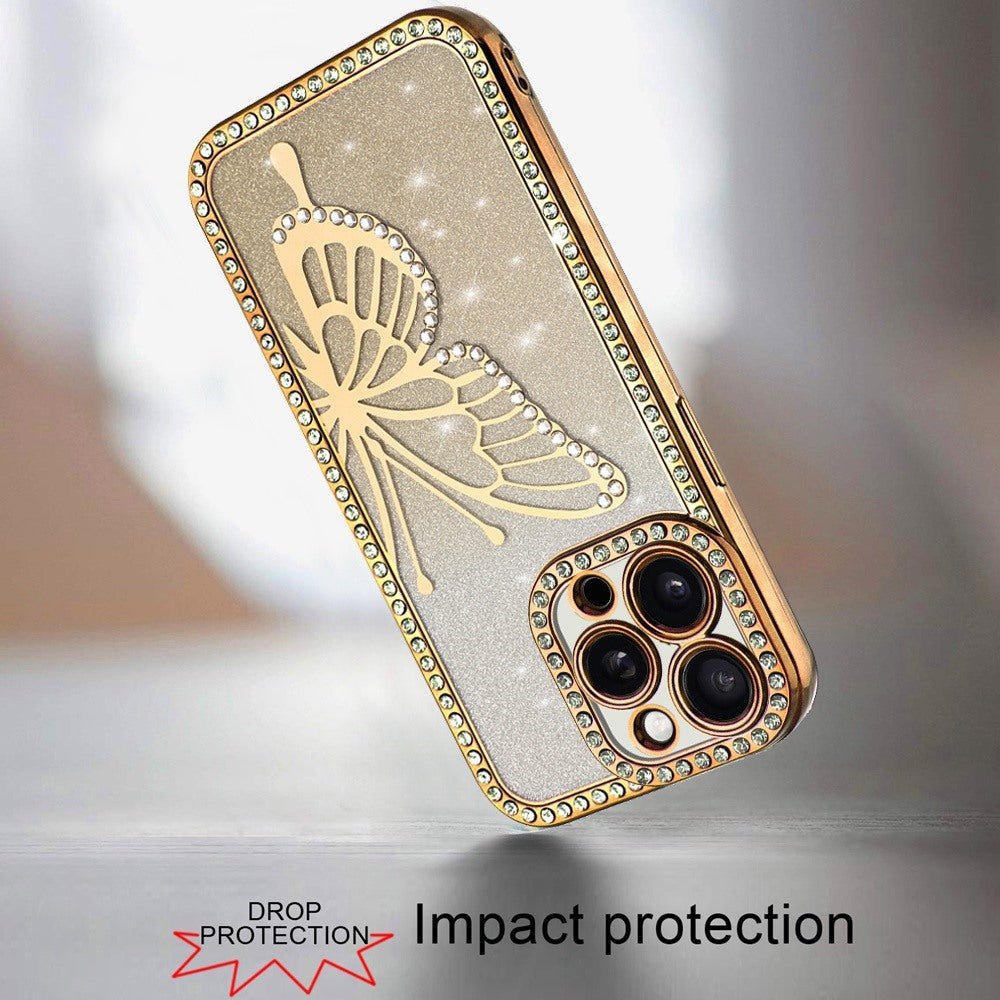 For Apple iPhone 13 Pro Max Butterfly Glitter Diamond Shimmer Hybrid Slim & Stylish Electroplated Sparkly Bling Shockproof TPU Protective Case Cover