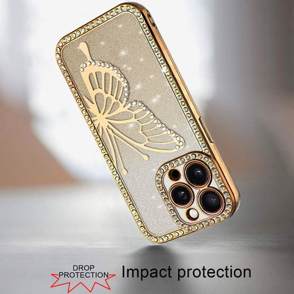 For Apple iPhone 13 Pro Max Butterfly Glitter Diamond Shimmer Hybrid Slim & Stylish Electroplated Sparkly Bling Shockproof TPU Protective Case Cover