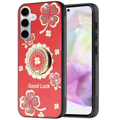 For Samsung Galaxy Z Fold 7 Diamonds 3D Fashion Floral Bling Sparkly Glitter Ornaments Engraving Hybrid with Ring Stand Case Cover Red Good Luck Floral