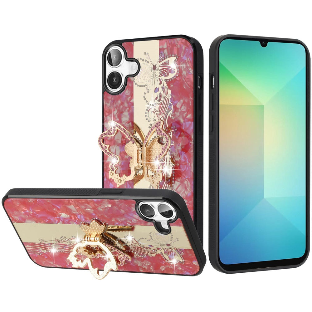 For Apple iPhone SE 4 Diamonds 3D Butterfly Bling Sparkly Glitter Ornaments Engraving Hybrid with Stand Fashion Case Cover Enchanted Butterfly Red