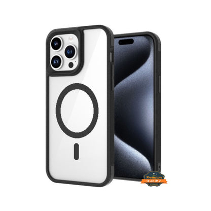 For Apple iPhone 15 (6.1") Magnetic Clear Compatible with Magsafe Wireless Charger PC + TPU Hybrid Slim Transparent Black Phone Case Cover