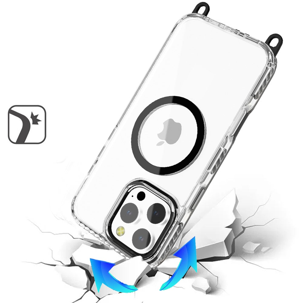 For Apple iPhone 15 Clear Magnetic Frame PC Back Shockproof Protective Case with Detachable Lanyard Strap, Compatible with MagSafe Case Cover
