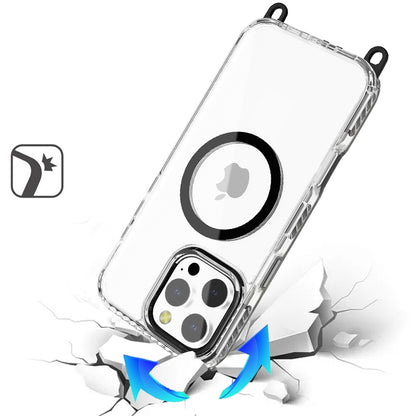 For Apple iPhone 16 (6.1") Clear Magnetic Frame PC Back Shockproof Protective Case with Detachable Lanyard Strap, Compatible with MagSafe Case Cover