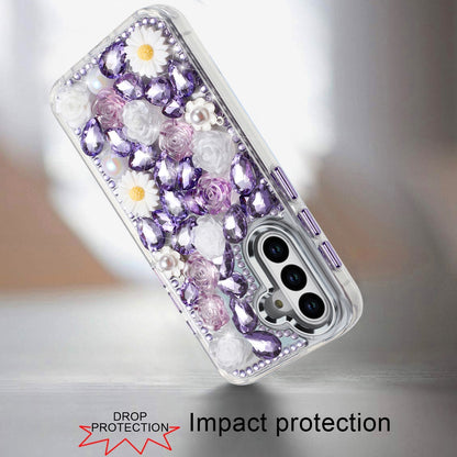 For Apple iPhone 16 Pro (6.3") Fashion Daisy Floral Series, Full 3D Bling Crystal Diamonds Sparkling Rhinestone Glitter Hybrid Design Case Cover Purple