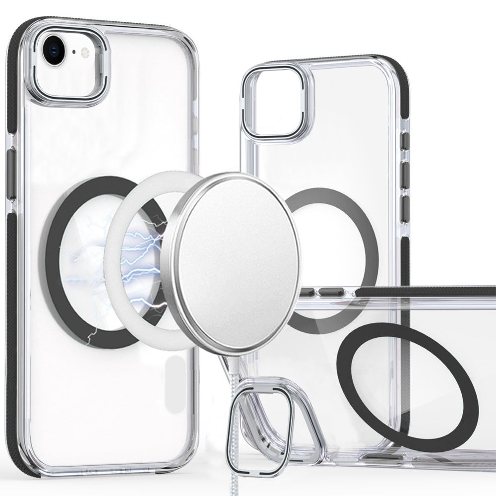 For Apple iPhone 16e Hybrid Clear Back Case with Invisible Camera Bracket Stand, MagSafe Magnetic Circle, Shockproof Color Frame Case Cover