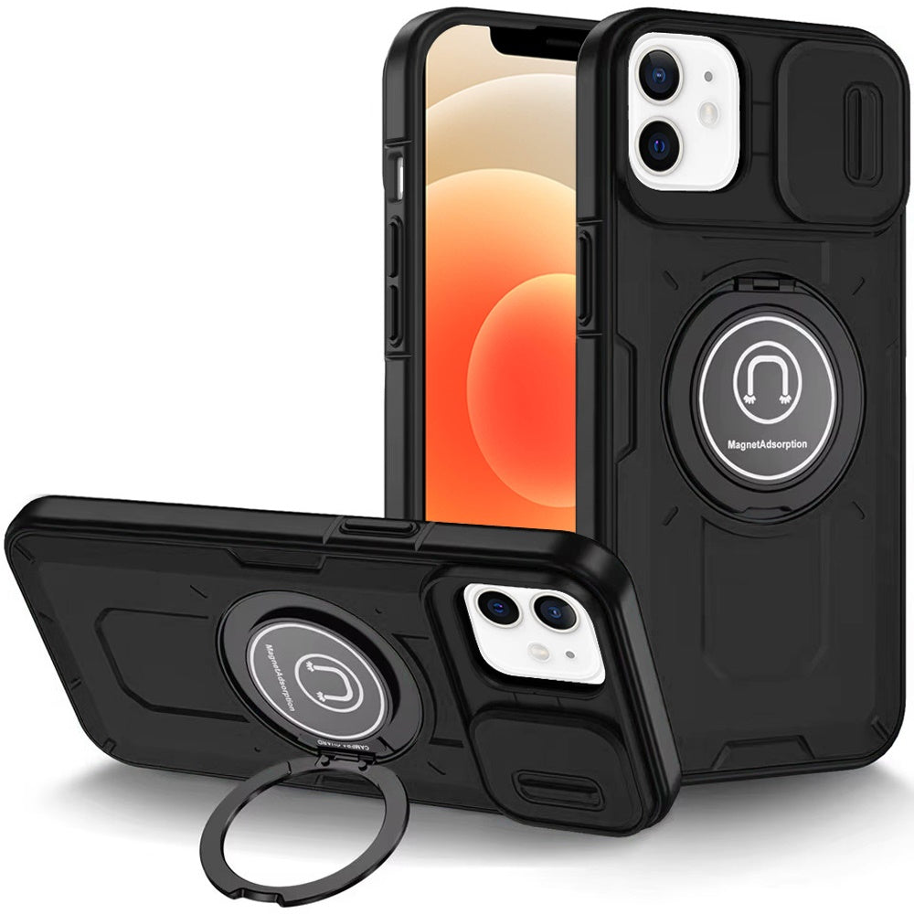 For Apple iPhone 11 Pro Max Build in Invisible Magnetic Ring Stand with Slide Camera Protector, fit Magnetic Car Mount [Compatible with MagSafe] Case Cover Black