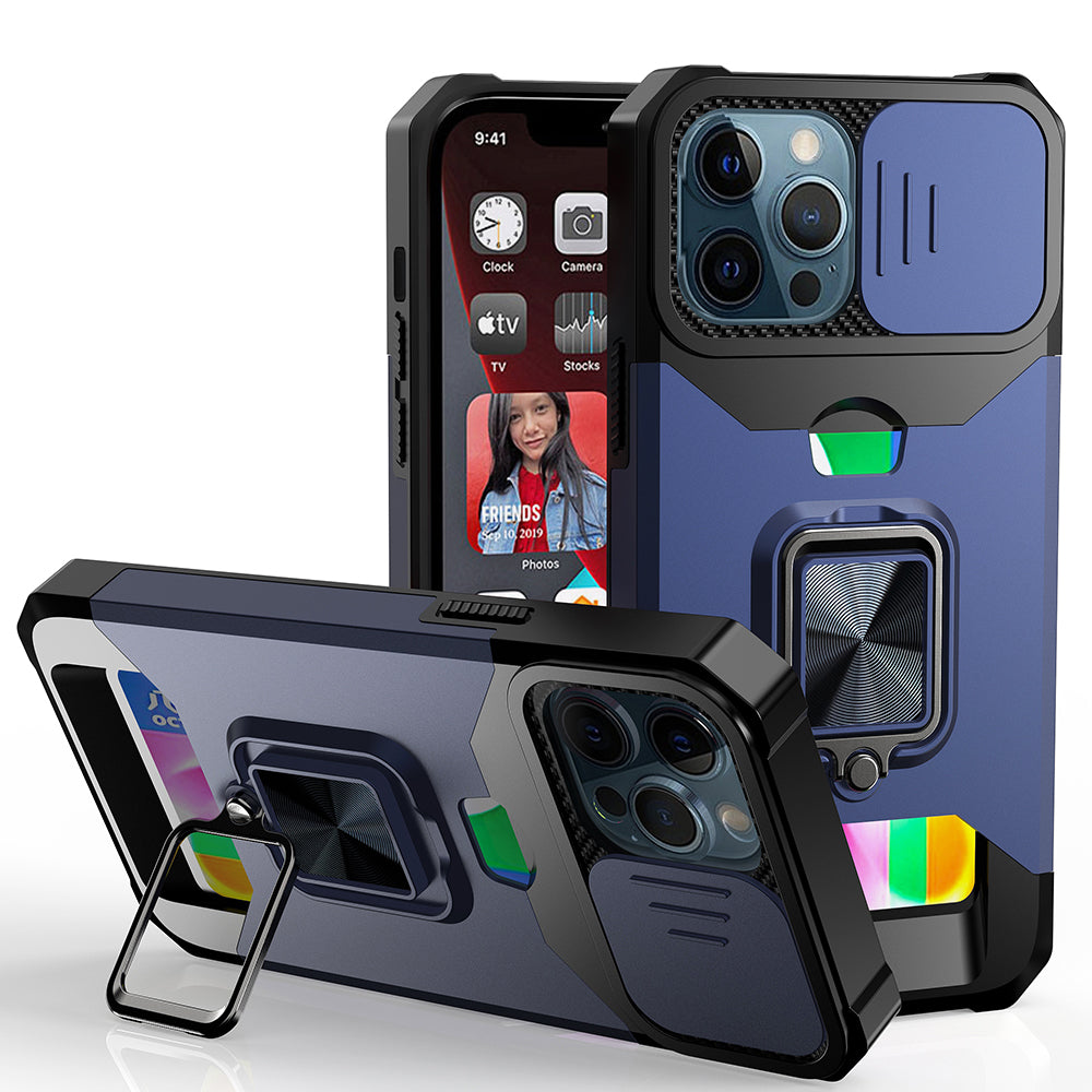 Wallet Case with Ring Stand & Slide Camera Cover Back Credit Card Slot Holder, Military Grade