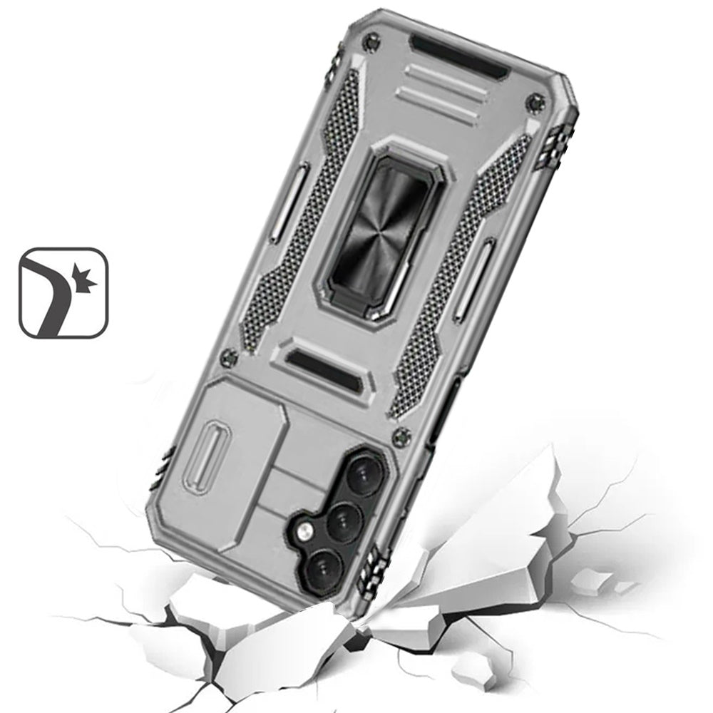 For Apple iPhone 16e Tough Hybrid Case with Movable Camera Window & Metal Ring Stand Shockproof Case Cover Gray