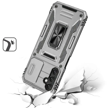 For Apple iPhone 16e Tough Hybrid Case with Movable Camera Window & Metal Ring Stand Shockproof Case Cover Gray
