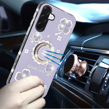 For Samsung Galaxy A17 5G Diamonds Bling All Around Edges Sparkly Glitter Hybrid with Ring Stand Holder Fashion Good Luck Case Cover