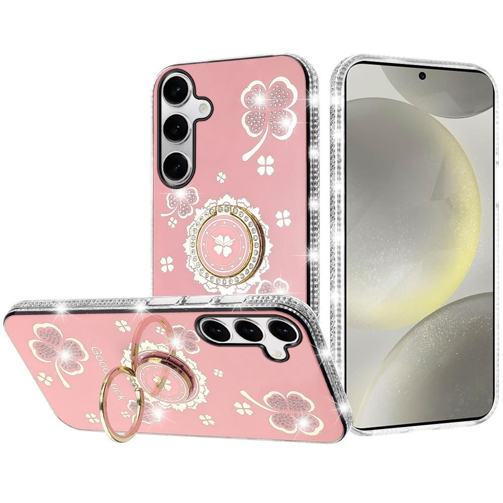 For Samsung Galaxy S25+ /S25 Plus /S24+ Plus Diamonds Bling All Around Edges Sparkly Glitter Hybrid with Ring Stand Holder Fashion Good Luck Case Cover