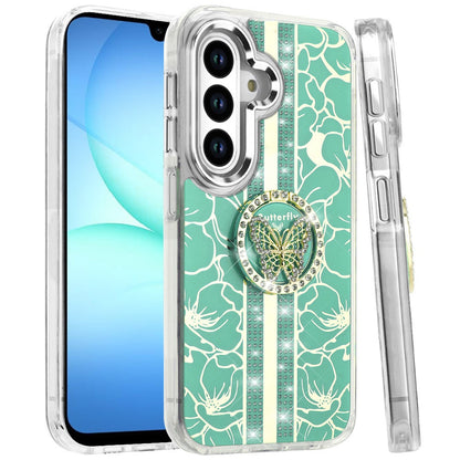 For Samsung Galaxy A17 5G Diamonds 3D Butterfly Floral Design Bling Sparkly Glitter Hybrid Metal Fashion with Ring Stand Case Cover