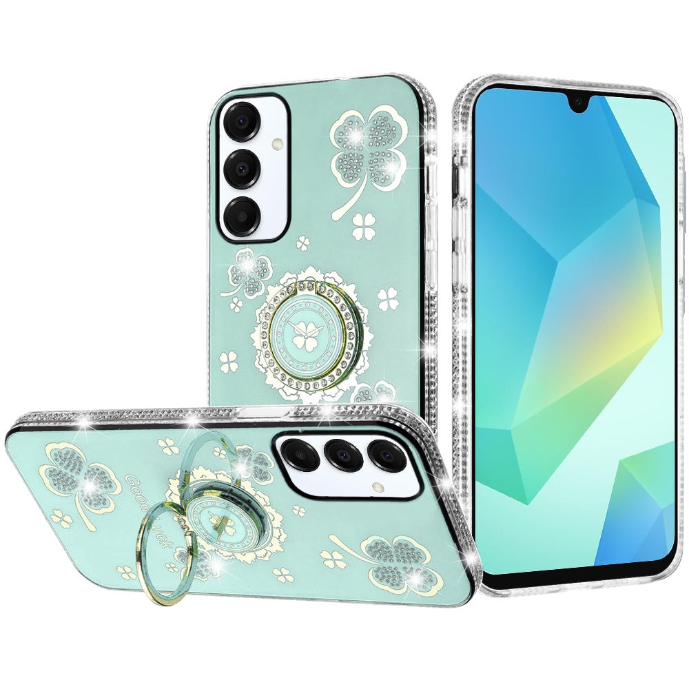 For Samsung Galaxy S25 Fan Edition /Galaxy S25 FE Diamonds Bling All Around Edges Sparkly Glitter Hybrid with Ring Stand Holder Fashion Good Luck Case Cover Teal