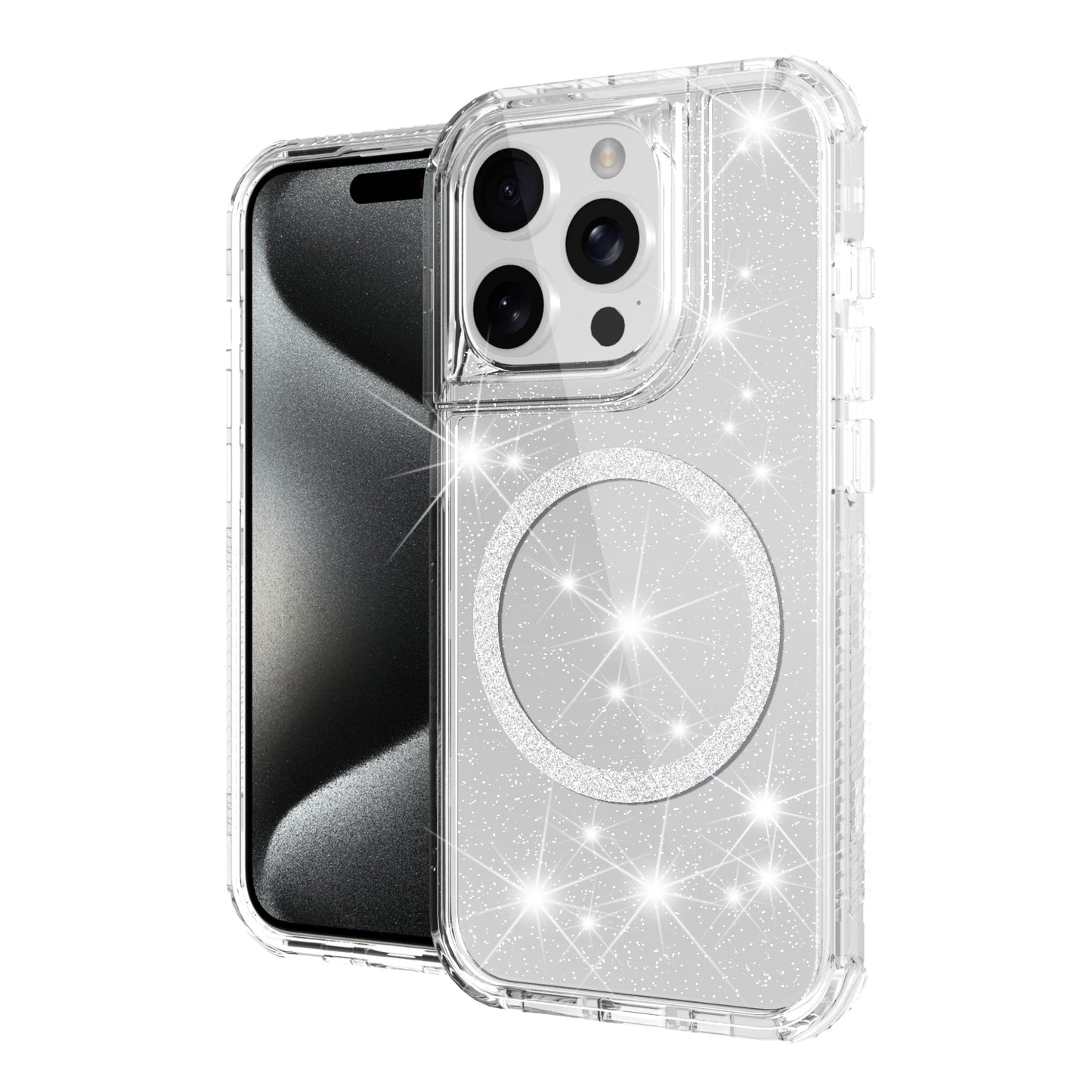 For Apple iPhone 14 / iPhone 13 (6.1") Magnetic Ring Circle Glitter Bling Sparkle 3in1 Hybrid [Compatible with Magsafe] Clear Shockproof Case Cover