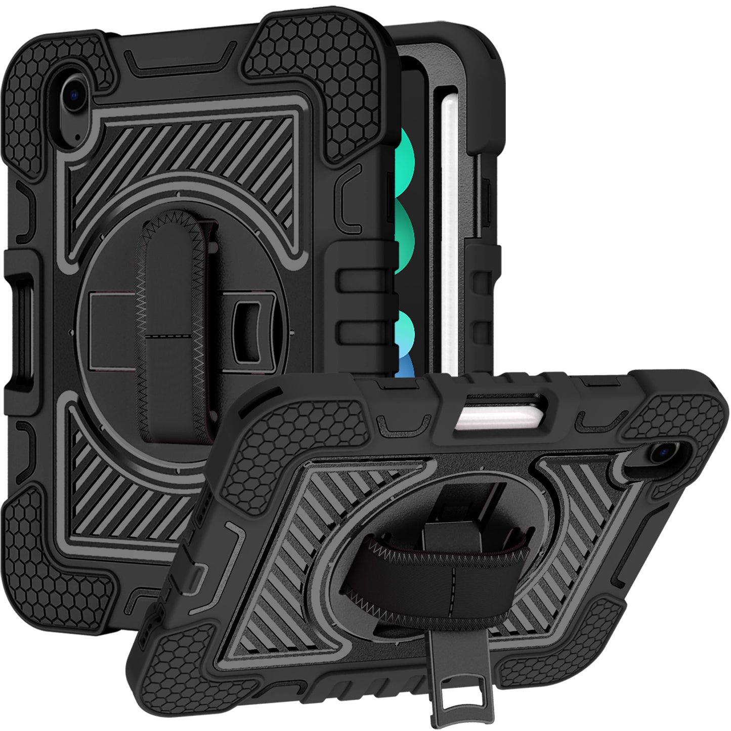 For Hybrid 3in1 Multi-Functional Shockproof Tablet Case with Hand, Shoulder Strap, Pencil & Stand Holder Black Tablet Case Cover