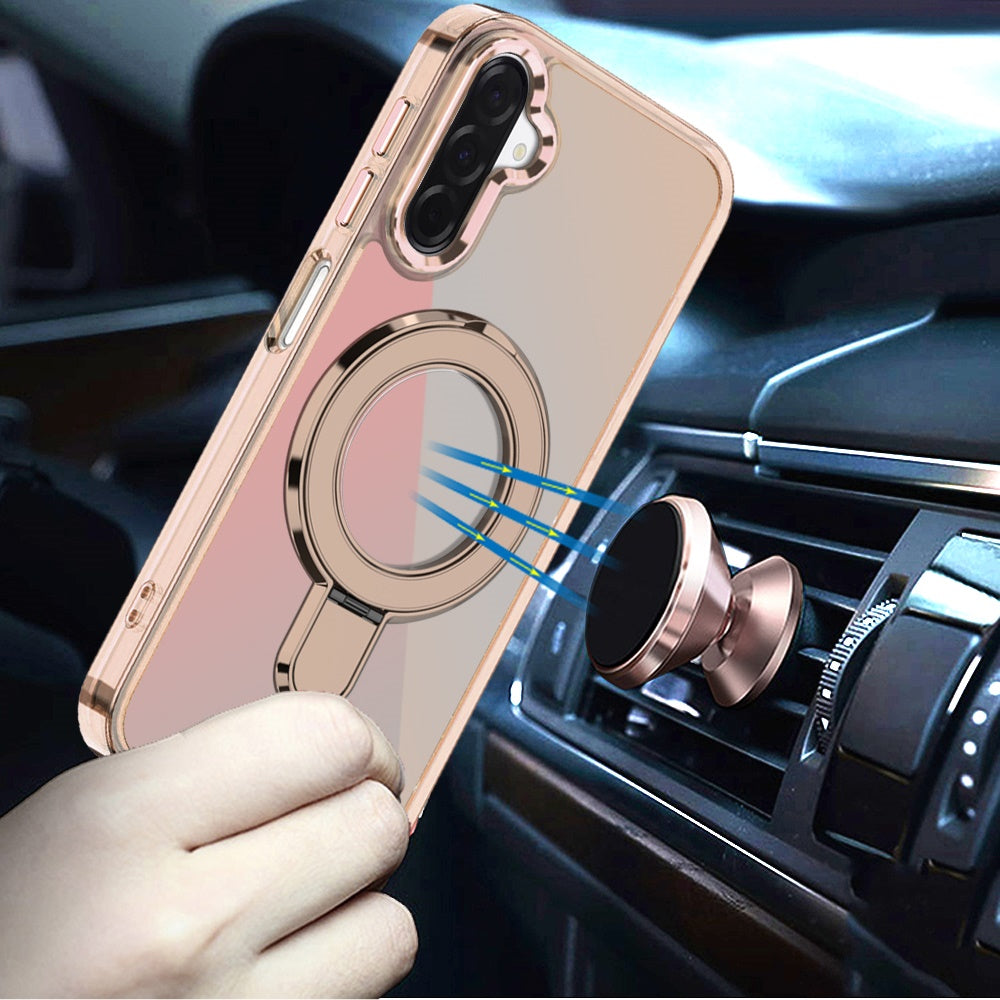 For Samsung Galaxy A17 5G Chrome Hybrid with Rotating Magnetic Circle Ring Stand, Slim Shockproof Hybrid Case Cover