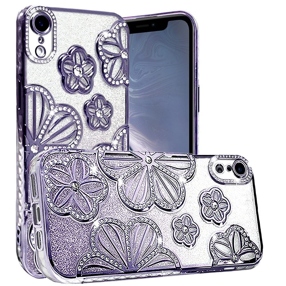 For Apple iPhone XR Luxury Floral Design Sparkle Glitter Diamond Crystal Rhinestone Shimmer Bling Plating Thick TPU Hard PC Case Cover