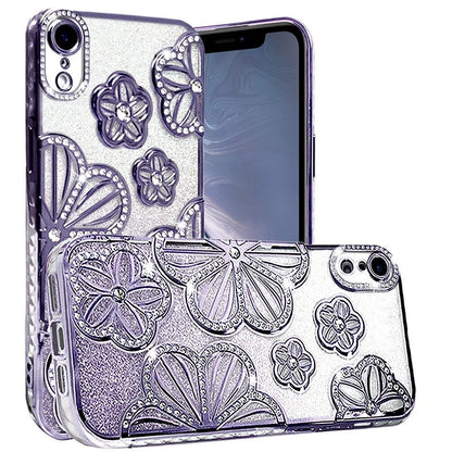 For Apple iPhone XR Luxury Floral Design Sparkle Glitter Diamond Crystal Rhinestone Shimmer Bling Plating Thick TPU Hard PC Case Cover