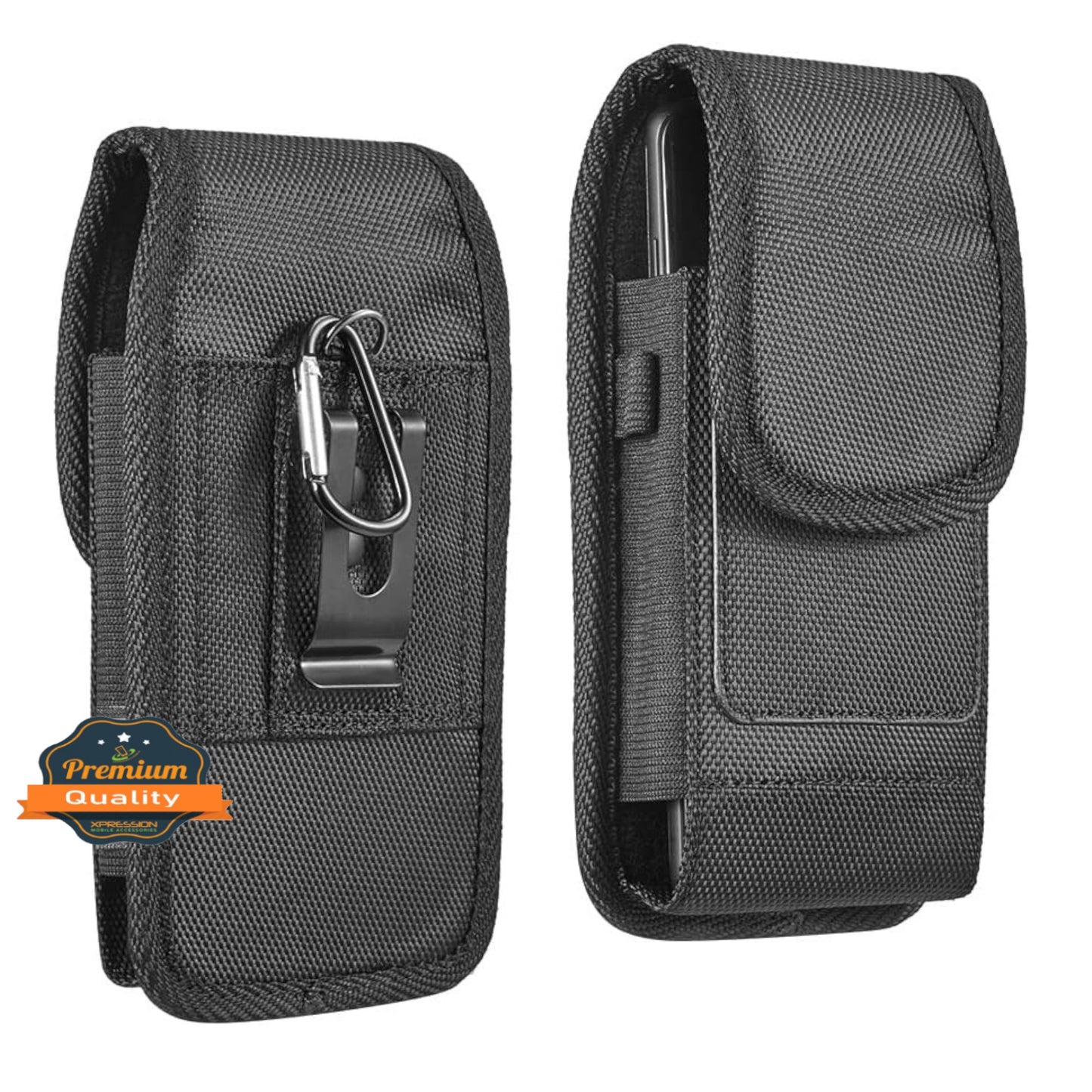 For Apple iPhone 16 Plus (6.7") Vertical Nylon Canvas Holster Universal Cell Phone Pouch Velcro Closure with Credit Card Slot & Belt Clip Loop Carabiner [Black]