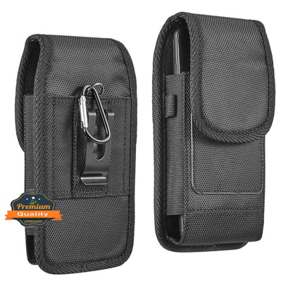 For Apple iPhone 16 Plus (6.7") Vertical Nylon Canvas Holster Universal Cell Phone Pouch Velcro Closure with Credit Card Slot & Belt Clip Loop Carabiner [Black]