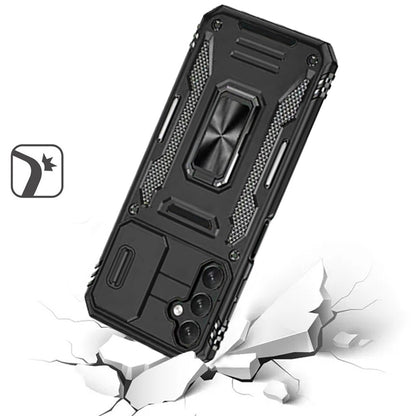 For Samsung Galaxy A32 5G Tough Hybrid Case with Movable Camera Window & Metal Ring Stand Shockproof Case Cover Black