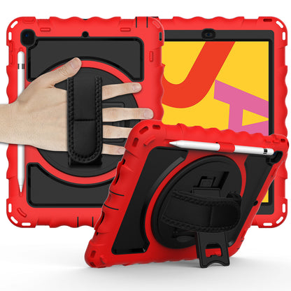 For Hybrid 3in1 Armor Rugged with Built-in Kickstand 360° Rotatable Stand & Shoulder Hand Strap Corner Shockproof Red Tablet Case Cover